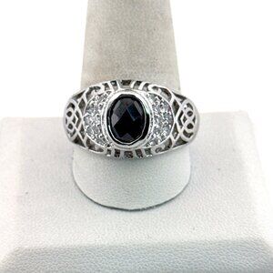 Estate Sterling Silver 925 Ring Black Oval Stone & Clear Accents Size 12, 7g